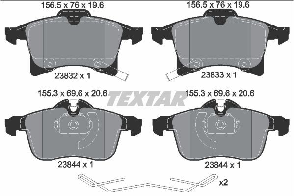 23832 TEXTAR with acoustic wear warning Height 1: 76mm, Height 2: 69,6mm, Width 1: 156,5mm, Width 2 [mm]: 155,3mm, Thickness: 20,6mm Brake pads 2383204 buy
