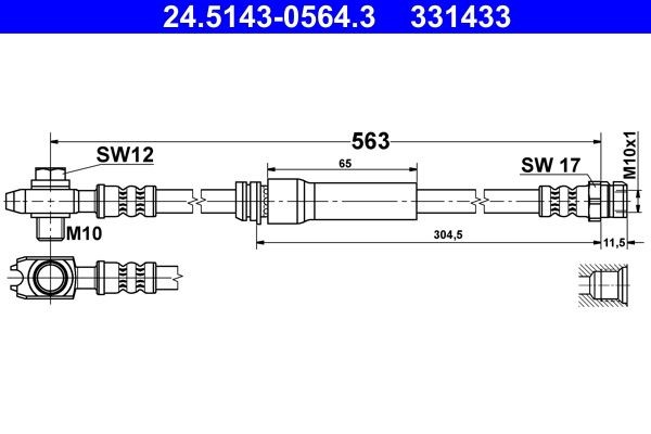 Original ATE 331433 Brake flexi hose 24.5143-0564.3 for AUDI A3