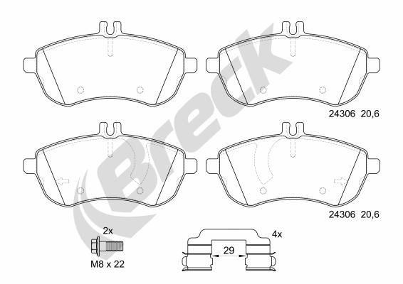 Brake pad kit BRECK prepared for wear indicator, with brake caliper screws, with accessories - 24306 00 701 10