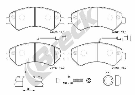 BRECK 24467 00 703 20 Brake pad set incl. wear warning contact, with integrated wear sensor, with anti-squeak plate, with piston clip, with accessories