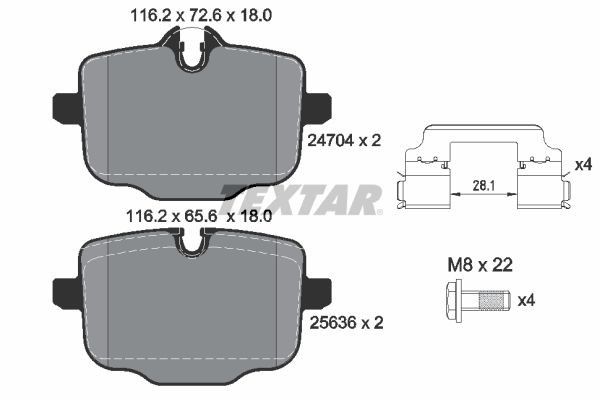 24704 TEXTAR prepared for wear indicator, with brake caliper screws, with accessories Height 1: 72,6mm, Height 2: 65,6mm, Width: 116,2mm, Thickness: 18mm Brake pads 2470401 buy