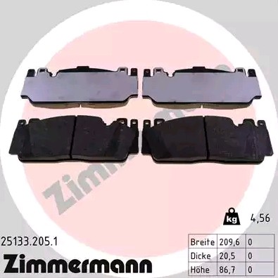 25133 ZIMMERMANN prepared for wear indicator, Photo corresponds to scope of supply Height: 87mm, Width: 208mm, Thickness: 20mm Brake pads 25133.205.1 buy
