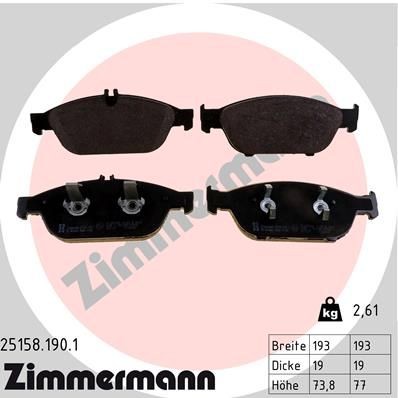 25158 ZIMMERMANN prepared for wear indicator, Photo corresponds to scope of supply Height 1: 74mm, Height 2: 77mm, Width: 193mm, Thickness: 19mm Brake pads 25158.190.1 buy