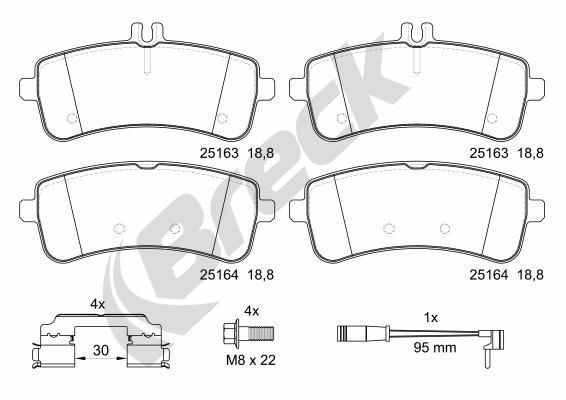 BRECK 25163 00 553 00 Brake pad set Ceramic, prepared for wear indicator, without anti-squeak plate, with brake caliper screws, with accessories