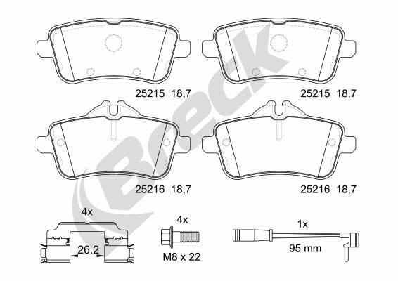 25215 00 554 00 BRECK Brake pad set MERCEDES-BENZ Ceramic, prepared for wear indicator, with anti-squeak plate, with brake caliper screws, without accessories