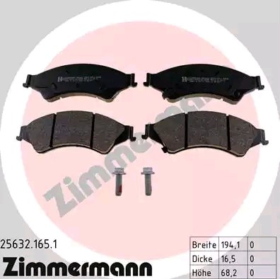 25632 ZIMMERMANN with acoustic wear warning, with bolts/screws, Photo corresponds to scope of supply Height: 68mm, Width: 194mm, Thickness: 16mm Brake pads 25632.165.1 buy
