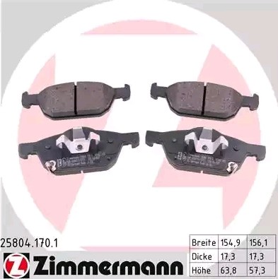 25804 ZIMMERMANN with acoustic wear warning, Photo corresponds to scope of supply Height 1: 64mm, Height 2: 57mm, Width 1: 155mm, Width 2 [mm]: 156mm, Thickness: 17mm Brake pads 25804.170.1 buy