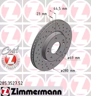 ZIMMERMANN SPORT COAT Z 285.3527.52 Brake disc 280x23mm, 7/5, 5x114, internally vented, Perforated, coated