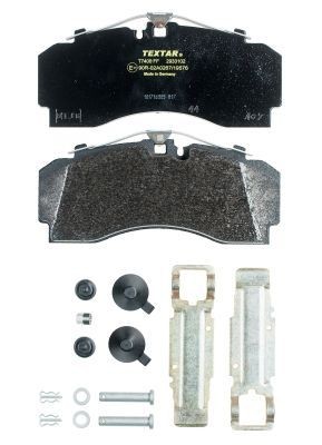 TEXTAR 2933102 Brake pad set prepared for wear indicator, with brake caliper screws, with accessories