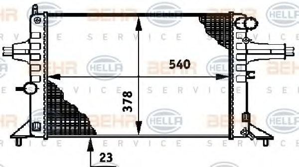 HELLA 8MK 376 720-421 Engine radiator for vehicles without air conditioning, 540 x 378 x 23 mm, with snap lock, Manual Transmission, Mechanically jointed cooling fins