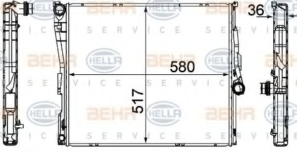 HELLA 8MK 376 764-771 Engine radiator for vehicles with/without air conditioning, 580 x 517 x 36 mm, Manual-/optional automatic transmission, Brazed cooling fins