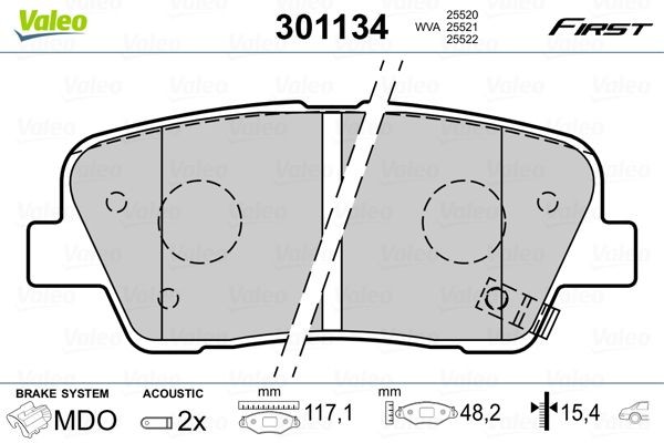 301134 Set of brake pads 301134 VALEO FIRST, Rear Axle, incl. wear warning contact, without anti-squeak plate