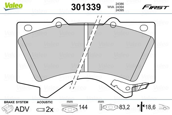 VALEO 301339 Brake pad set Front Axle, incl. wear warning contact, without anti-squeak plate