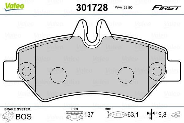 VALEO FIRST, Rear Axle, excl. wear warning contact, with anti-squeak plate Height: 63,1mm, Width: 137mm, Thickness: 19,8mm Brake pads 301728 buy
