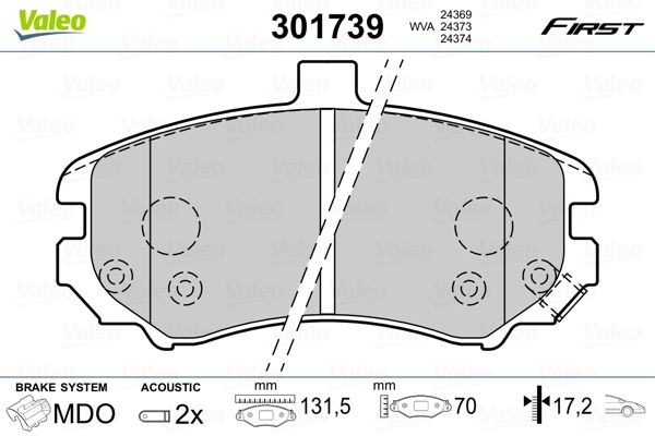 VALEO FIRST, Front Axle, incl. wear warning contact, without anti-squeak plate Height 2: 70mm, Height: 70mm, Width 2 [mm]: 132mm, Width: 132mm, Thickness 2: 17,1mm, Thickness: 17,2mm Brake pads 301739 buy