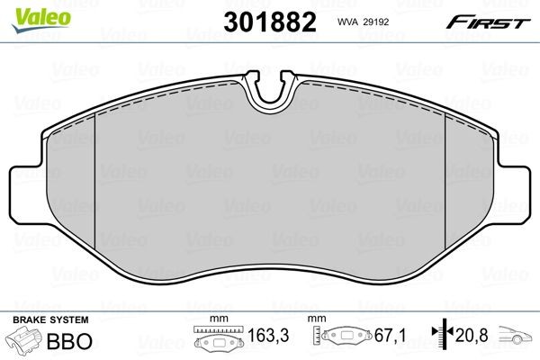 301882 Set of brake pads 301882 VALEO FIRST, Front Axle, excl. wear warning contact, without anti-squeak plate