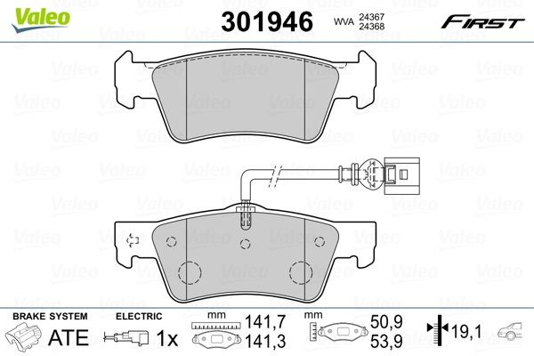 VALEO 301946 Brake pad set FIRST, Rear Axle, incl. wear warning contact, without anti-squeak plate