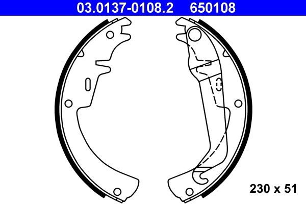 03.0137-0108.2 ATE Drum brake kit OPEL 230 x 51 mm, with lever