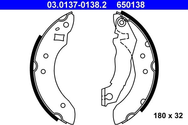 ATE 03.0137-0138.2 Brake Shoe Set 180 x 32 mm, with lever