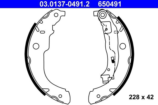 ATE 03.0137-0491.2 Brake Shoe Set 228 x 42 mm, with lever