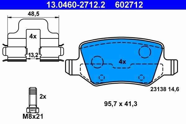 13.0460-2712.2 Set of brake pads 602712 ATE not prepared for wear indicator, excl. wear warning contact, with brake caliper screws, with accessories
