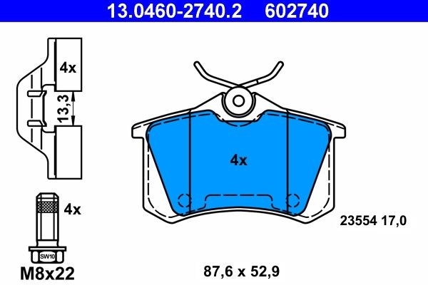 13.0460-2740.2 Set of brake pads 602740 ATE not prepared for wear indicator, excl. wear warning contact, with brake caliper screws, with accessories