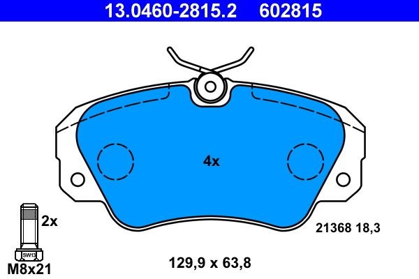 13.0460-2815.2 Set of brake pads 602815 ATE excl. wear warning contact, with brake caliper screws