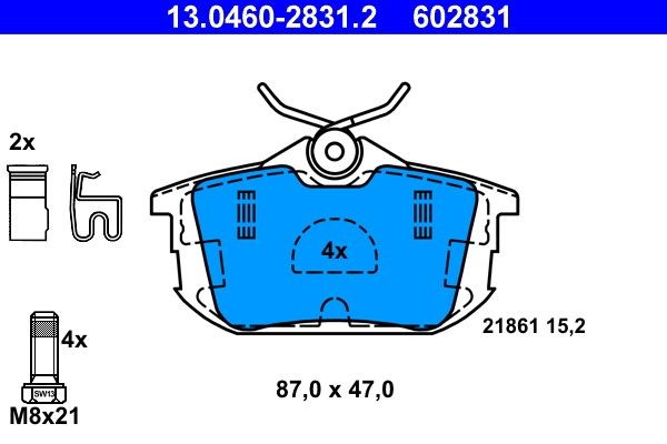 13.0460-2831.2 Set of brake pads 602831 ATE with acoustic wear warning, with brake caliper screws