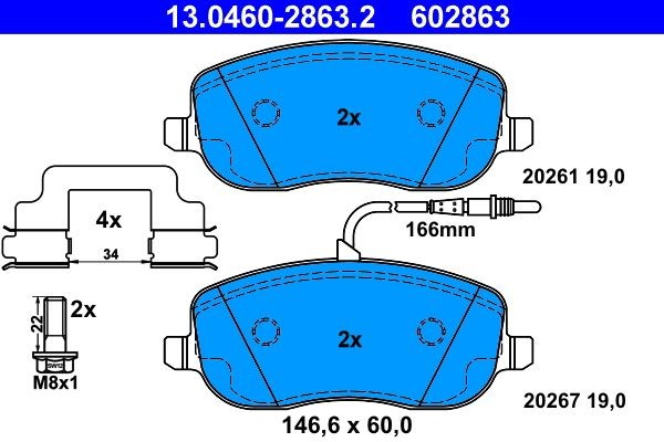 13.0460-2863.2 Set of brake pads 13.0460-2863.2 ATE incl. wear warning contact, with brake caliper screws, with accessories