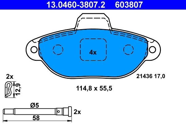 13.0460-3807.2 Set of brake pads 603807 ATE excl. wear warning contact, with accessories