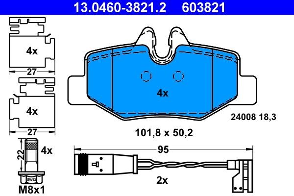 13.0460-3821.2 Set of brake pads 603821 ATE incl. wear warning contact, with brake caliper screws, with accessories