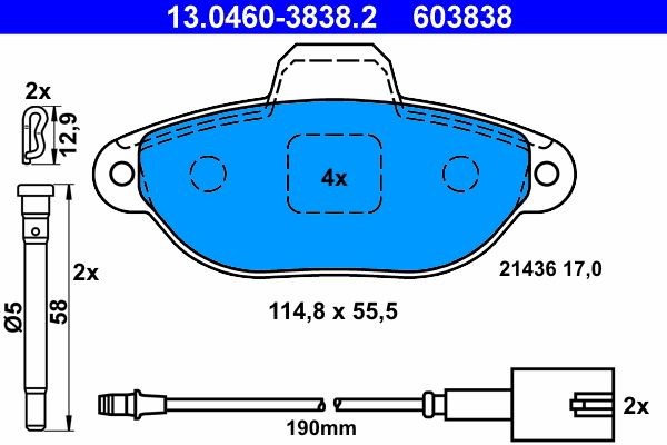 13.0460-3838.2 Set of brake pads 603838 ATE incl. wear warning contact, with accessories
