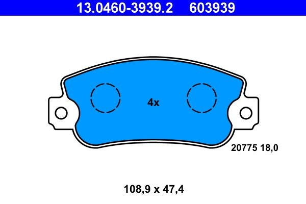13.0460-3939.2 Set of brake pads 603939 ATE prepared for wear indicator, excl. wear warning contact
