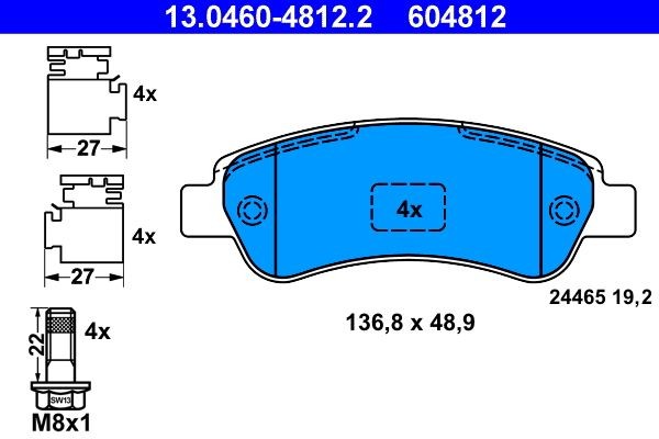 13.0460-4812.2 Set of brake pads 604812 ATE not prepared for wear indicator, excl. wear warning contact, with brake caliper screws, with accessories