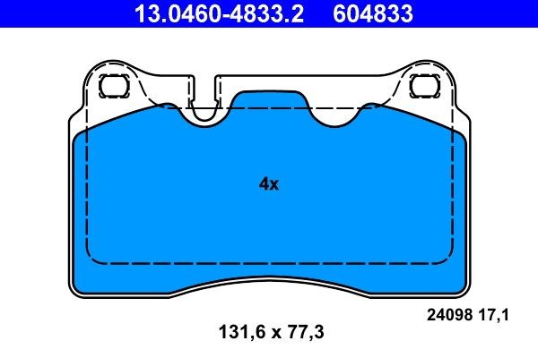 13.0460-4833.2 Set of brake pads 604833 ATE prepared for wear indicator, excl. wear warning contact, Left Connector