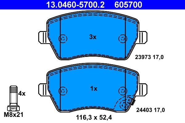 13.0460-5700.2 Set of brake pads 13.0460-5700.2 ATE with acoustic wear warning, with brake caliper screws