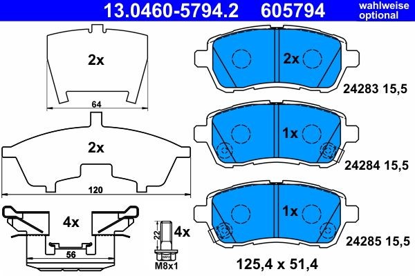 13.0460-5794.2 Set of brake pads 24285 ATE with acoustic wear warning, with brake caliper screws, with accessories