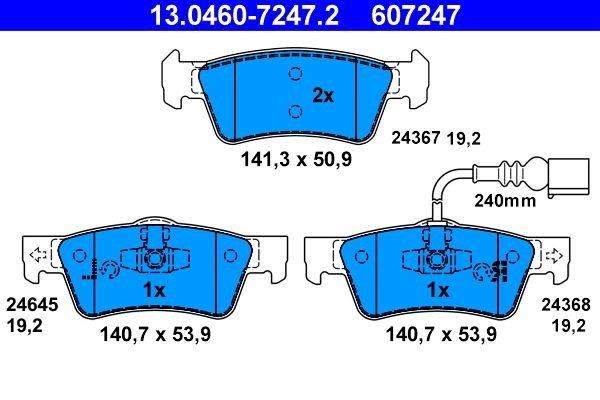607247 ATE incl. wear warning contact Height 1: 53,9mm, Height 2: 50,9mm, Width 1: 140,7mm, Width 2 [mm]: 141,3mm, Thickness: 19,2mm Brake pads 13.0460-7247.2 buy