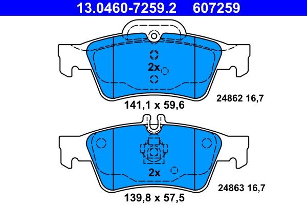13.0460-7259.2 Set of brake pads 13.0460-7259.2 ATE prepared for wear indicator, excl. wear warning contact