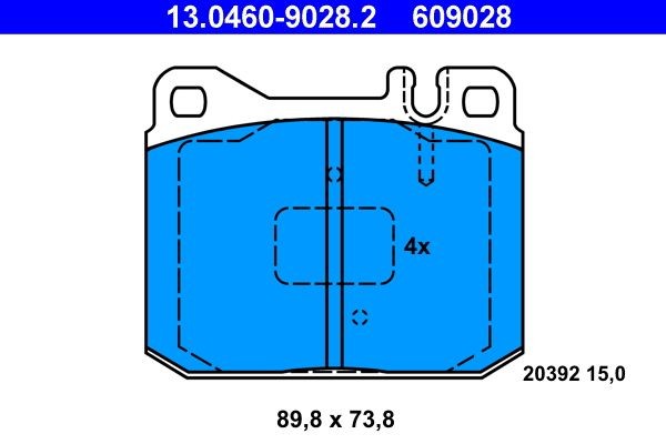 13.0460-9028.2 Set of brake pads 609028 ATE prepared for wear indicator, excl. wear warning contact