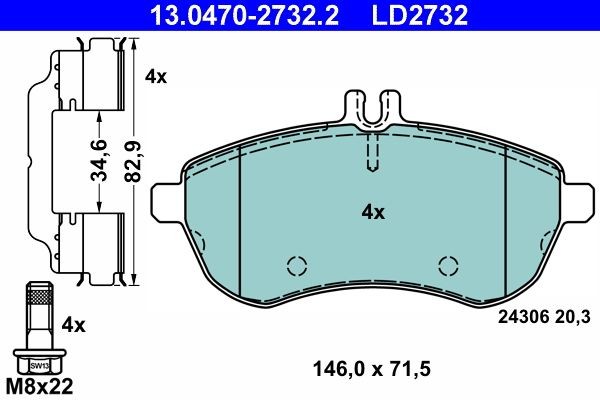 13.0470-2732.2 Set of brake pads LD2732 ATE prepared for wear indicator, excl. wear warning contact, with brake caliper screws, with accessories