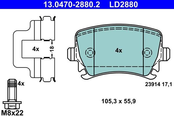 ATE 13.0470-2880.2 Disc pads prepared for wear indicator, excl. wear warning contact, with brake caliper screws, with accessories