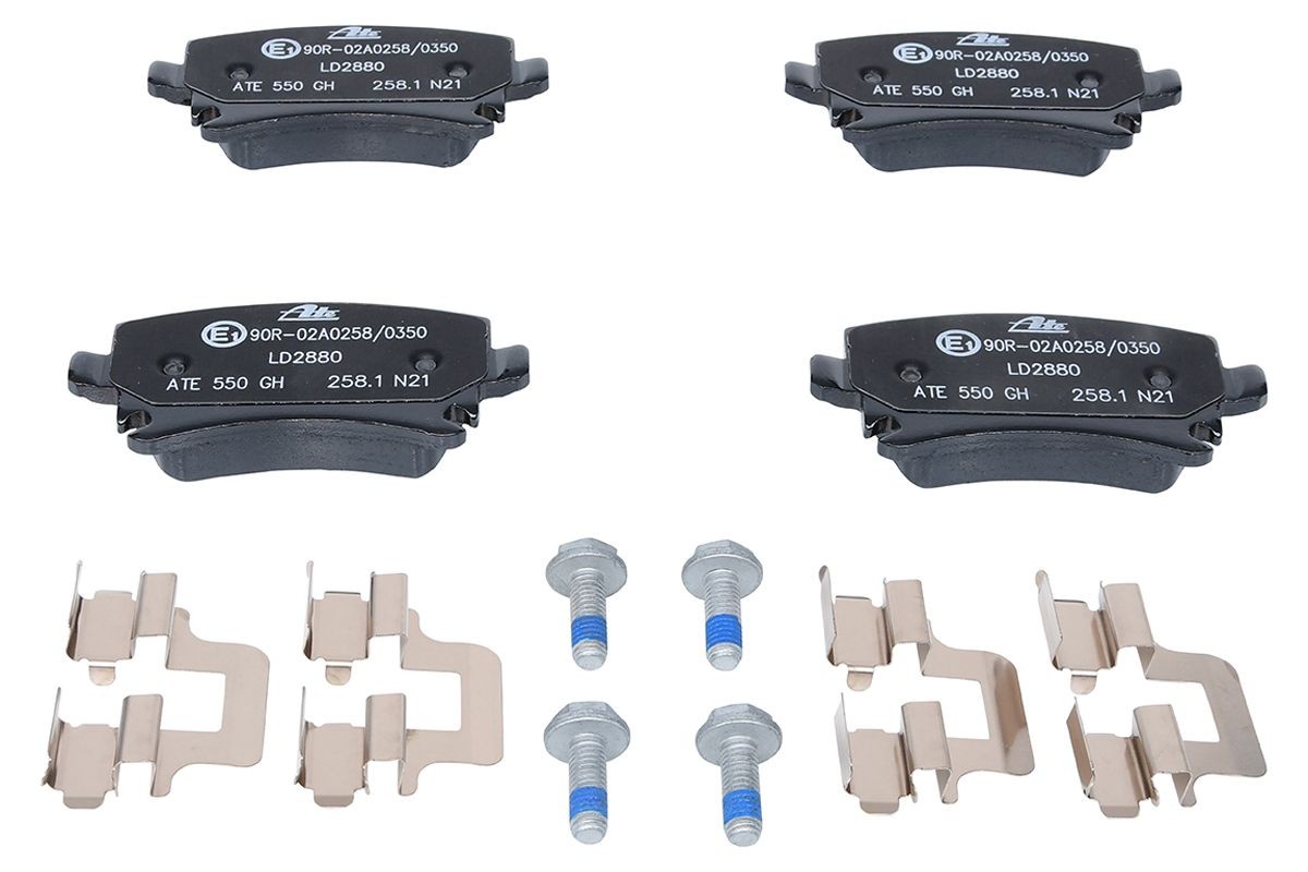 13.0470-2880.2 Set of brake pads LD2880 ATE prepared for wear indicator, excl. wear warning contact, with brake caliper screws, with accessories