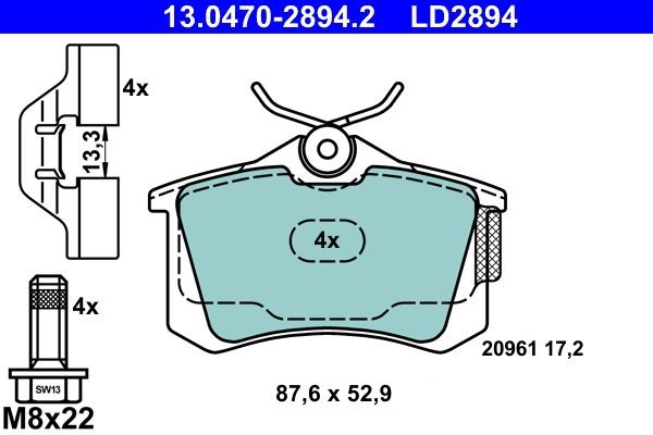 13.0470-2894.2 Set of brake pads LD2894 ATE excl. wear warning contact, with brake caliper screws, with accessories