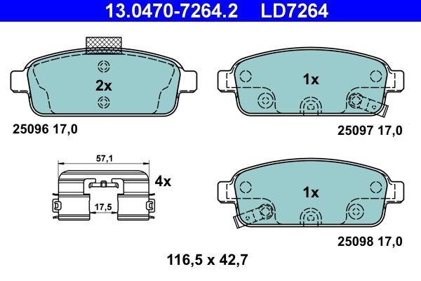 13.0470-7264.2 Set of brake pads 25098 ATE with acoustic wear warning, with accessories