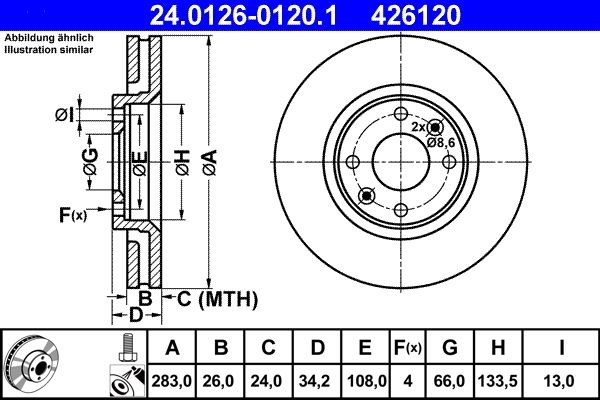 ATE 24.0126-0120.1 Scheibenbremsen 283,0x26,0mm, 4x108,0, Belüftet, beschichtet, mit Schrauben