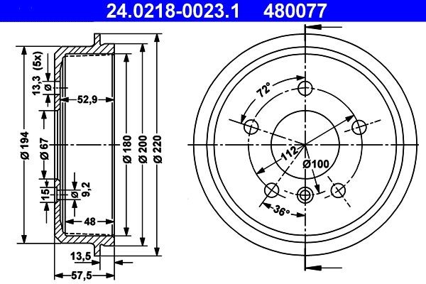 ATE 24.0218-0023.1 Brake Drum 220,0mm
