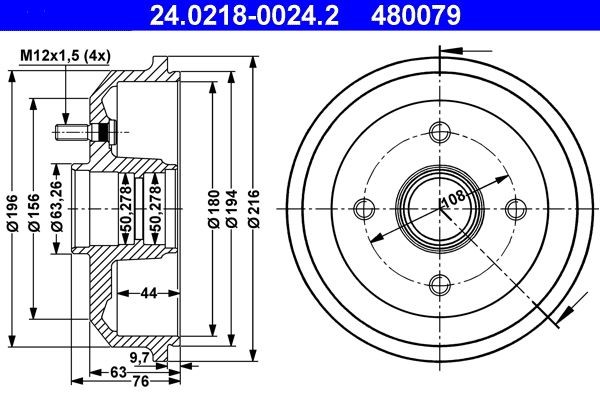 ATE 24.0218-0024.2 Brake Drum without wheel bearing, without ABS sensor ring, with wheel studs, 216,0mm