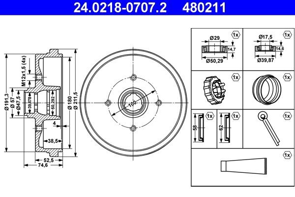 24.0218-0707.2 Brake Drum 24.0218-0707.2 ATE with wheel bearing, 211,5mm