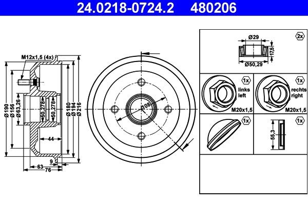 ATE 24.0218-0724.2 Brake Drum with wheel bearing, without ABS sensor ring, with wheel studs, 216,0mm